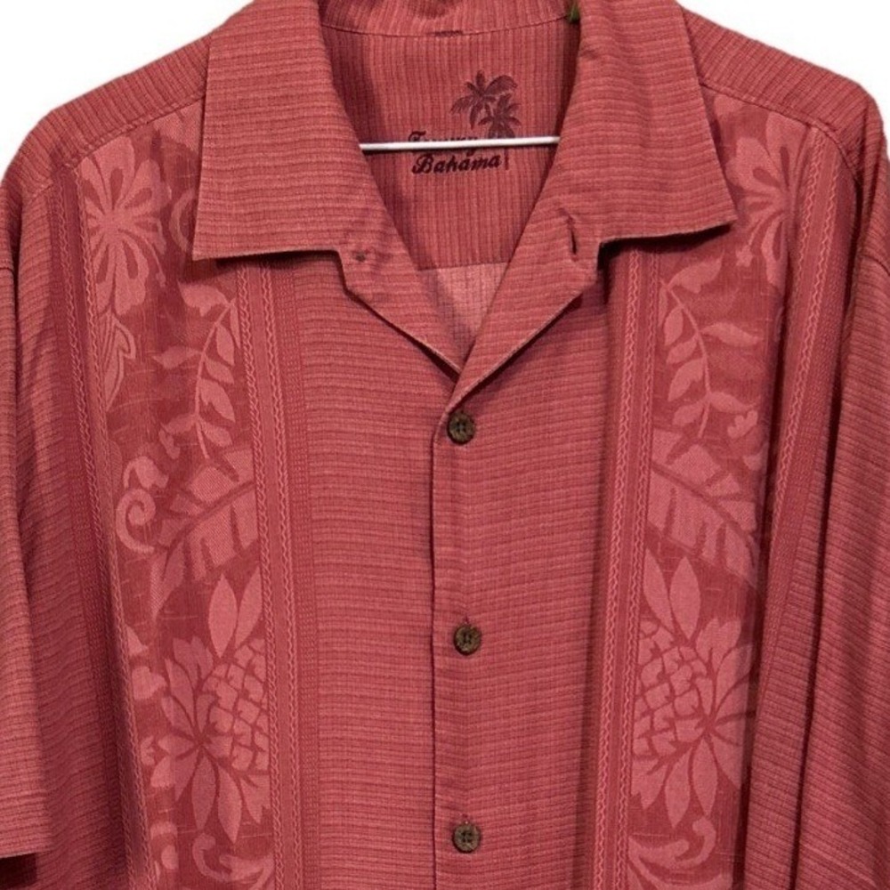 Tommy Bahama XL 100% Silk Short Sleeve Button Up Shirt Pink Rosé Jacquard